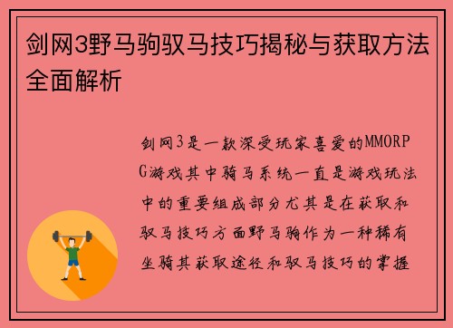 剑网3野马驹驭马技巧揭秘与获取方法全面解析